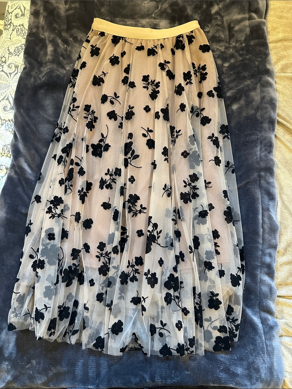Chicwish Black Floral Mesh Midi Skirt with Beige Lining